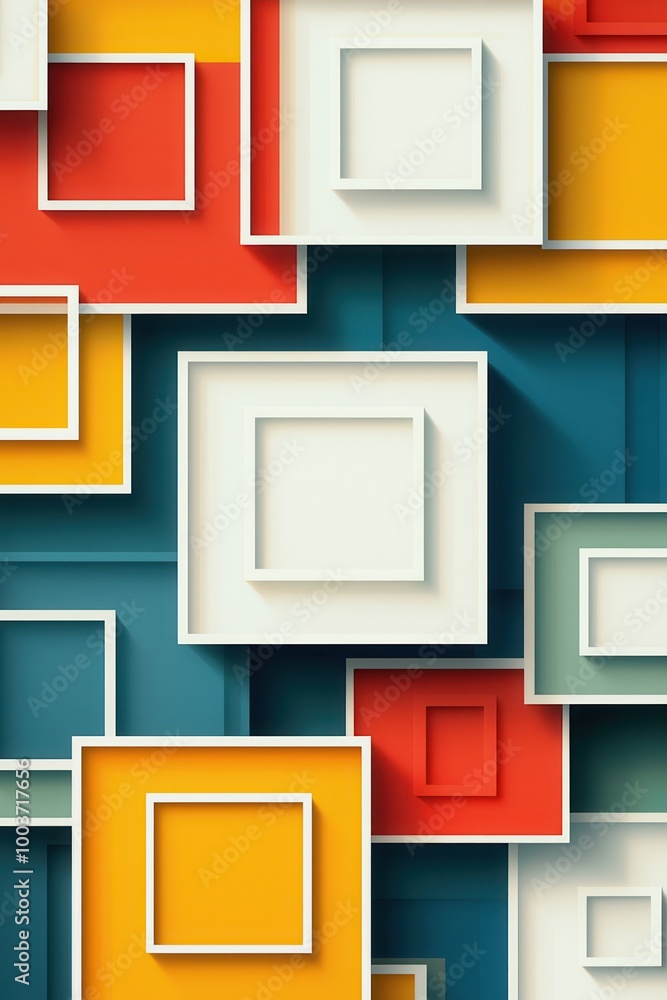 Poster abstract background featuring simple white squares with colorful blue, red, and yellow elements crea