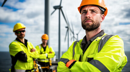 Workers overseeing wind turbine installation