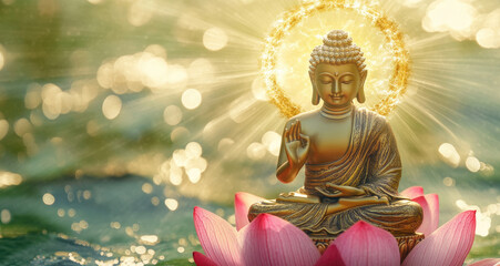Obraz premium A golden Buddha statue sits atop a pink crystal lotus, with green water ripples in the background