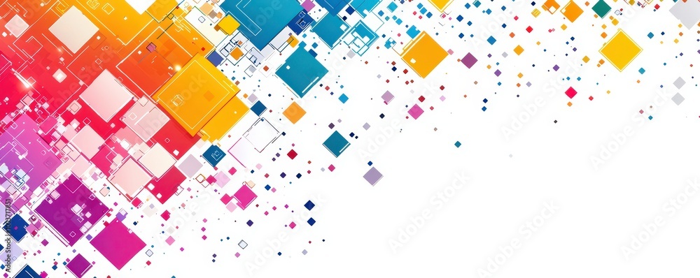 Poster abstract background with colorful squares and geometric shapes on a dotted white backdrop for modern