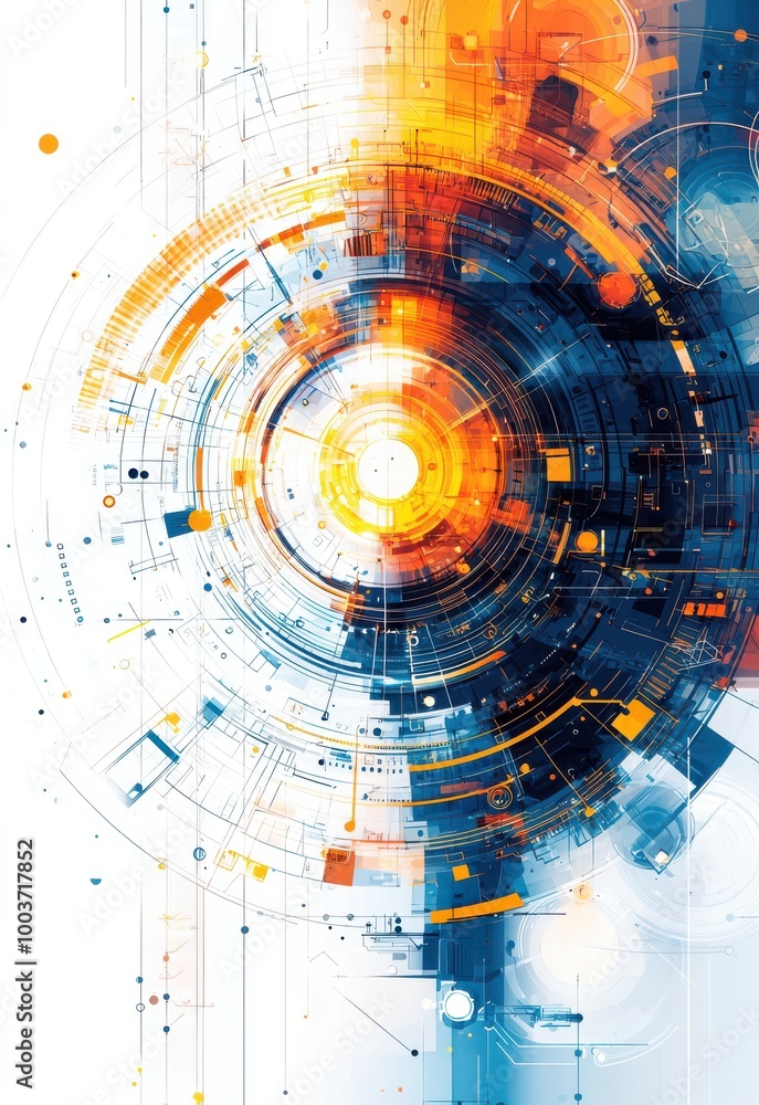 Poster abstract background with futuristic technical elements and circular design featuring glowing orange 