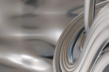Abstract chrome background with smooth, flowing curves and reflective surfaces, creating tech and modern design. Ideal for futuristic branding and promotional materials. Y2k, 2000s. 3D render.