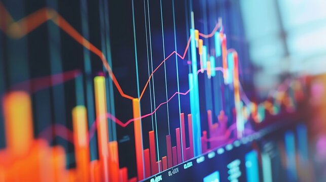 Close-up of a computer screen displaying financial charts and graphs. The colorful lines and bars represent data related to stock market trends, economic indicators, or other financial metrics.