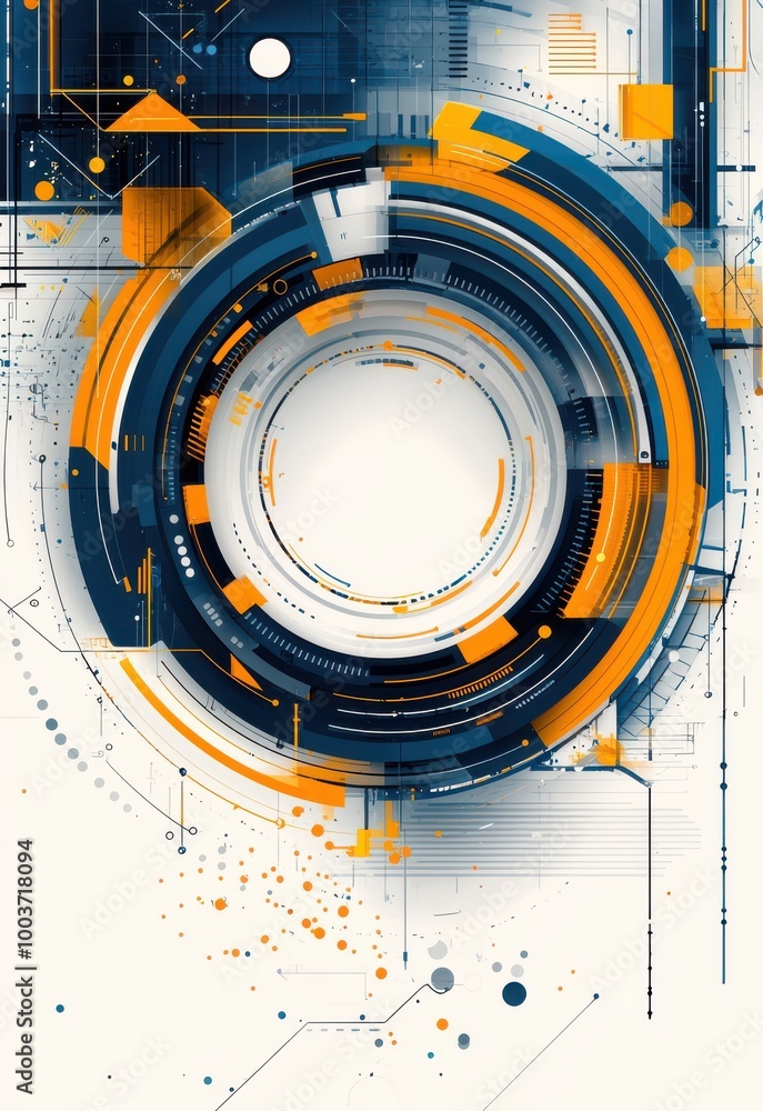 Poster abstract background with dynamic technical elements in blue and orange tones creating a futuristic d