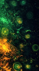 Fototapeta premium A black backdrop hosts a computer-generated image of swirling greens and yellows, interspersed with bubbles
