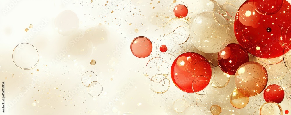 Aufkleber abstract graphic design featuring vibrant red and white bubbles with golden sparkles and circular pa