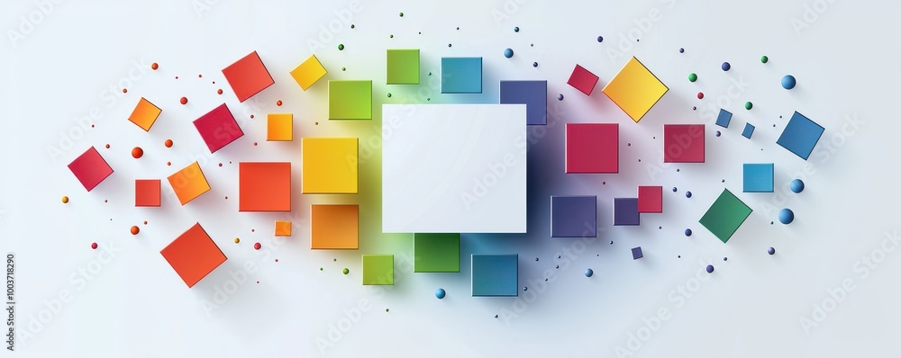 Poster abstract graphic design with a white square blank surrounded by colorful geometric shapes on a white