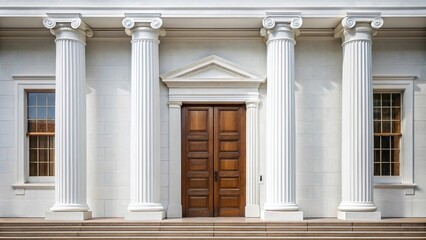 White structure with columns and brown door in focus