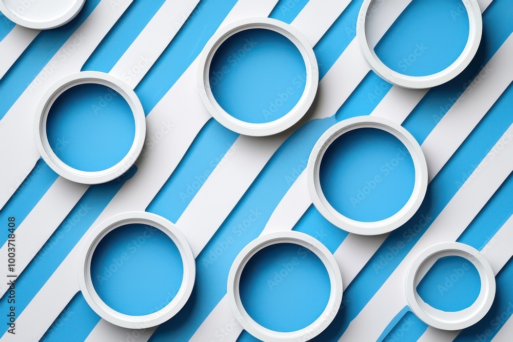 Poster graphic design featuring blue and white striped abstract pattern with circular elements and 3d spher