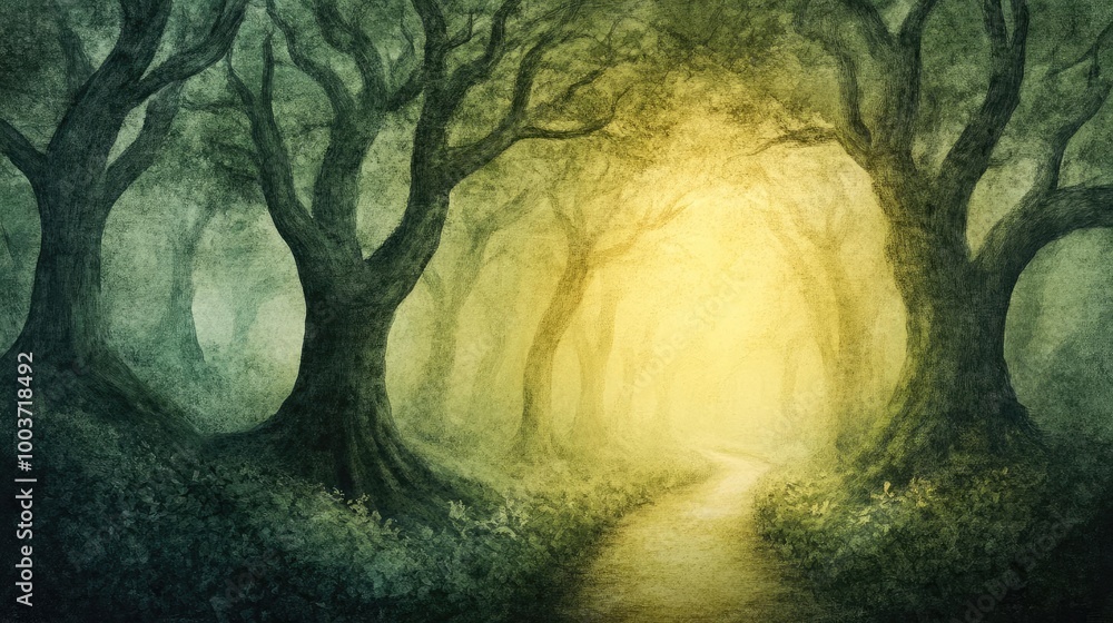 Poster a mystical forest pathway illuminated by a soft golden light, surrounded by dark, twisting trees and