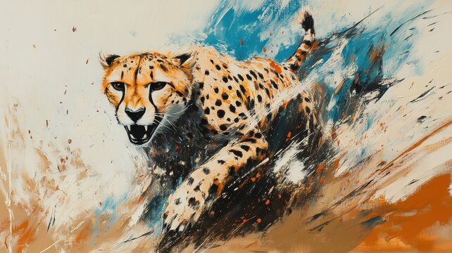 Cheetah represented in bold Abstract Expressionism, where energetic brushstrokes capture the raw power of its movement.