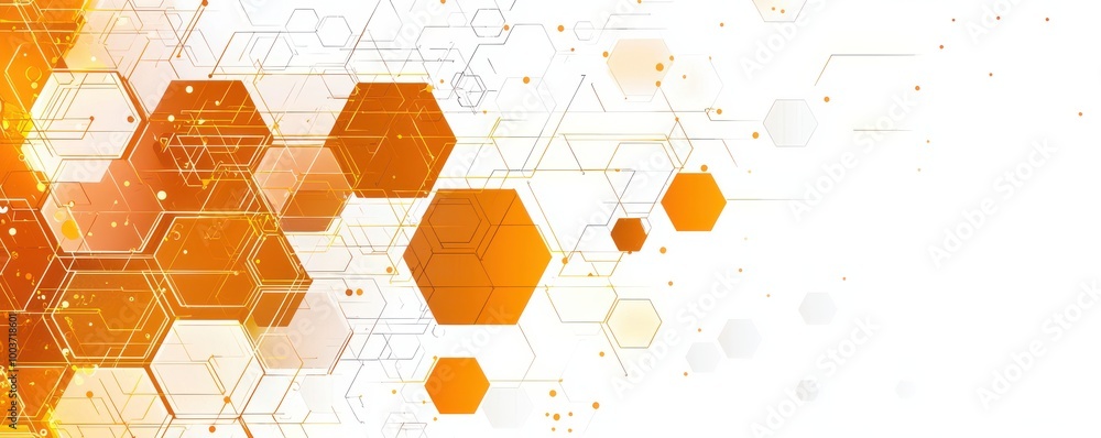Poster abstract graphic design featuring interconnected orange hexagons with digital networks and geometric