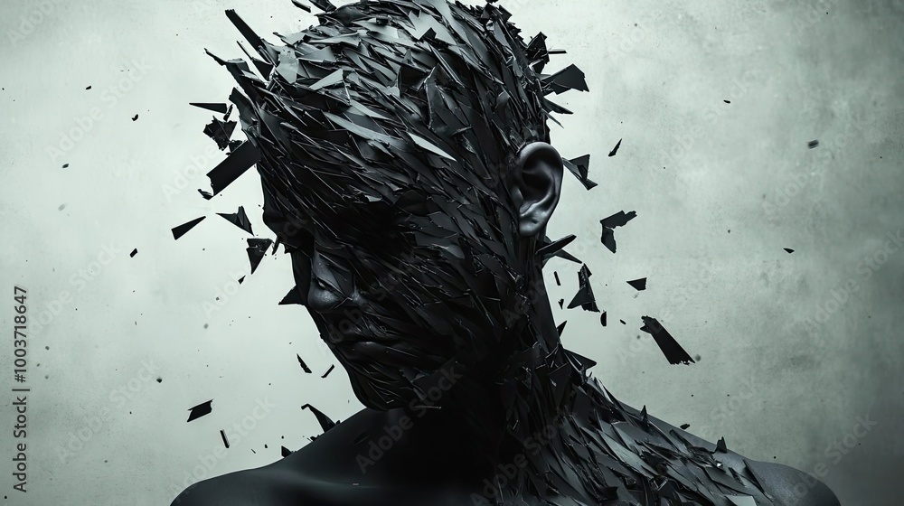 Poster An abstract depiction of a fragmented figure emerging from an ethereal background, showcasing themes of transformation and perception.