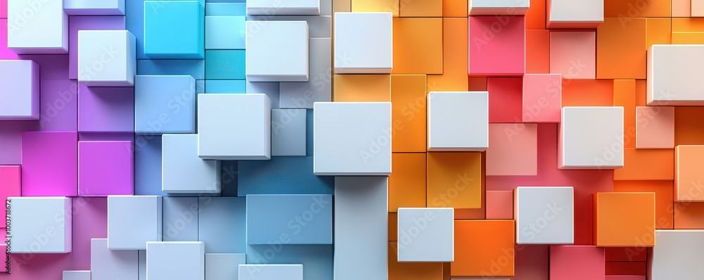 Poster abstract 3d graphic of white squares on a colorful gradient background with geometric shapes