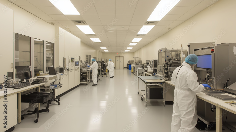 Poster scientists working in a cleanroom laboratory conducting research and experiments with advanced equip