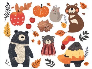 Obraz premium 2408 97.A set of cute autumn animals, including a grizzly bear, illustrated with cozy seasonal elements like pumpkins, apples, and warm scarves. The playful design and bright autumn colors make it
