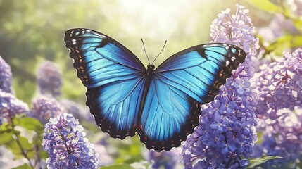 Fototapeta premium A blue butterfly perches atop purple lilac blooms Sun rays filter through clouds behind