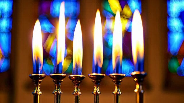 A menorah video, static video, spotlight lighting, hanukkah, synagogue