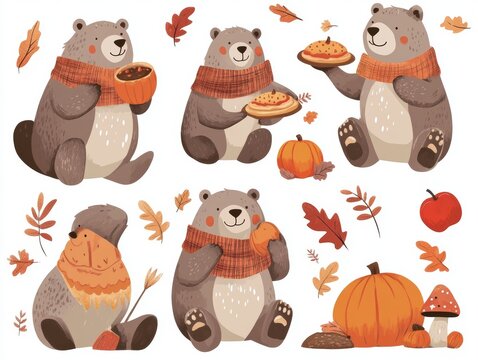 2408 96.A cozy collection of autumn-themed illustrations featuring a grizzly bear wearing a scarf, surrounded by pumpkins, mushrooms, and falling leaves. The bear is depicted in various poses,