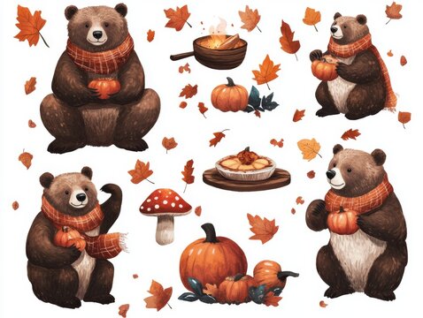 2408 96.A cozy collection of autumn-themed illustrations featuring a grizzly bear wearing a scarf, surrounded by pumpkins, mushrooms, and falling leaves. The bear is depicted in various poses,