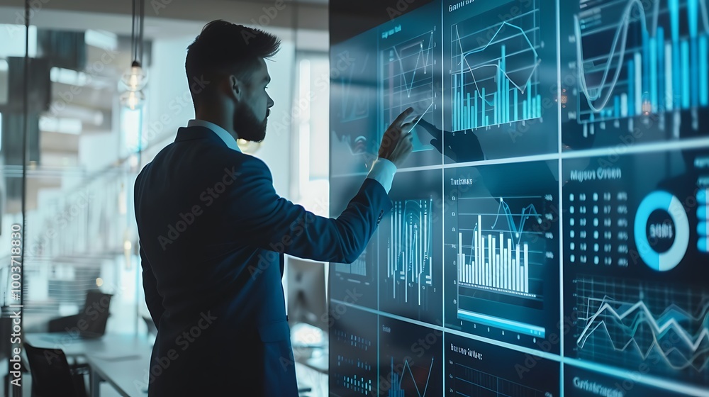 Poster businessman in a suit stands in front of a large digital screen observing a data graph diagram for t