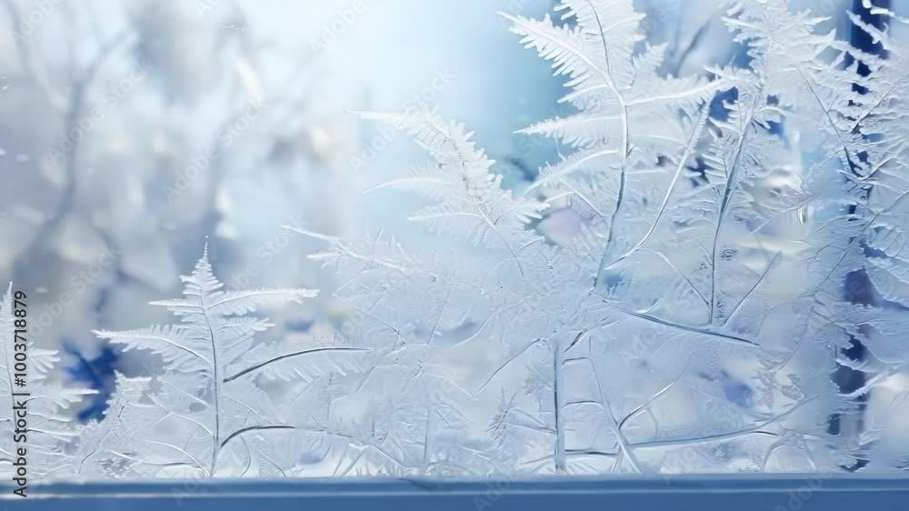 Poster intricate frost designs are forming on a window on a cold winter day, creating a beautiful and delic