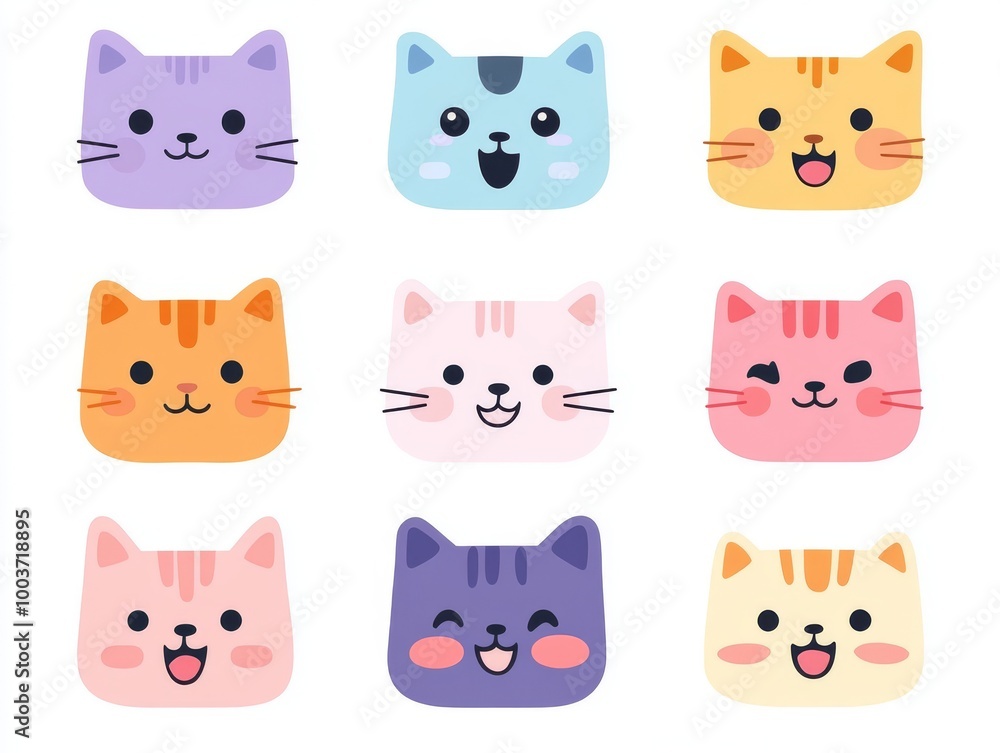 Poster 2408 101.a set of cute square-headed cat faces in different colors, each with playful expressions. t