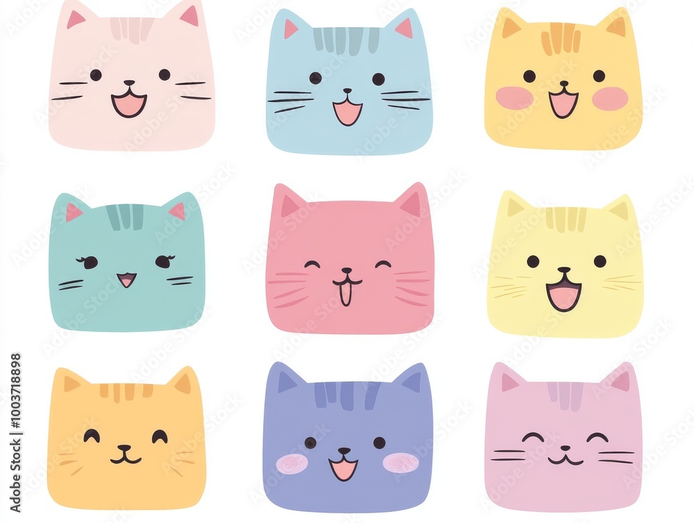 Poster 2408 101.a set of cute square-headed cat faces in different colors, each with playful expressions. t