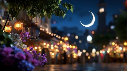 A serene nocturnal scene featuring hanging lanterns and a crescent moon illuminating a vibrant street with floral decorations, evoking tranquility.