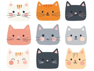 2408 103.A playful set of cat face illustrations with square heads, each in different colors like orange, gray, and white. The cats have cute pink noses, pointy ears, and cheerful expressions, with a