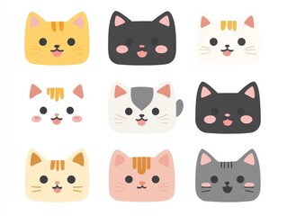 2408 104.A vector set of square-headed cat faces in a range of colors, each featuring a pink nose, cute ears, and a tongue sticking out. The flat, kawaii style and minimalist design on a white