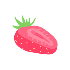Half-sliced strawberry with vibrant red interior and green stem. Fresh and juicy fruit design perfect for food illustrations, nutrition themes, and colorful, organic creative concepts.
