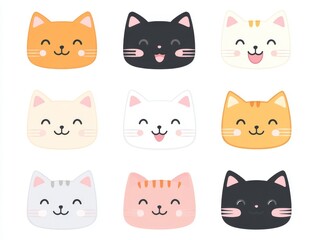 2408 104.A vector set of square-headed cat faces in a range of colors, each featuring a pink nose, cute ears, and a tongue sticking out. The flat, kawaii style and minimalist design on a white