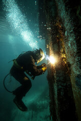 An underwater welder is diligently performing repairs on a submerged structure. Bubbles rise as welding equipment emits a bright spark, illuminating the dark water surrounding the worker.