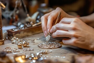 A jeweler's hands carefully assemble a delicate piece of jewelry with rhinestones.