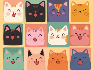 Fototapeta premium 2408 105.A colorful collection of square-shaped cat faces, each with unique fur colors and playful expressions. The cartoon characters feature pink noses, small tongues, and flat design elements,
