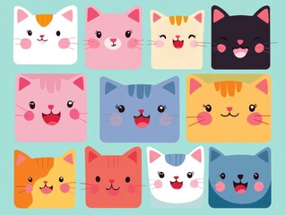 2408 105.A colorful collection of square-shaped cat faces, each with unique fur colors and playful expressions. The cartoon characters feature pink noses, small tongues, and flat design elements,