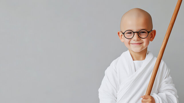 happy young boy dressed as Mahatma Gandhi