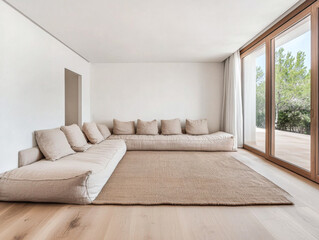 Cozy and modern living room with oversized cushions and large windows offering a view of greenery on a sunny day