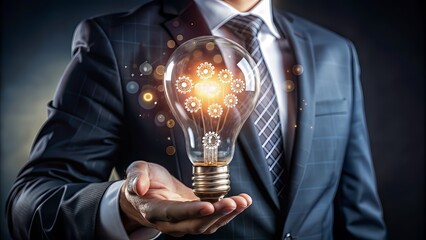 Operational concept. Businessman holding light bulb with operation icon for productivity with excellence process. Industrial management in efficiency and efficient process design