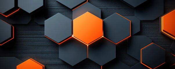 Futuristic black and orange hexagonal shapes on dark textured background showcasing modern geometric design