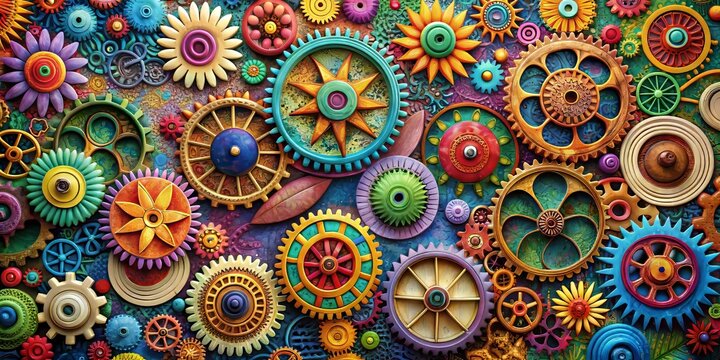 Vibrant mural of interconnected gears, threads, and petals in bold colors, blending abstract shapes, textures, and patterns to represent diverse cultural, racial, and gender identities.