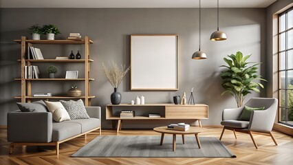 Modern Scandinavian living room interior features sleek gray walls, minimalist decor, and a large mock up poster frame on a wooden shelf, showcasing a blank space.