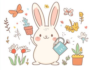 Obraz premium 2408 120.A cute bunny gardener in kawaii style, holding a watering can with plants, flowers, and butterflies around. The rabbit is surrounded by garden supplies, making this illustration ideal for