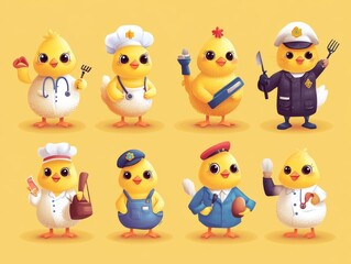 Naklejka premium 2408 121.A collection of cute Easter chicks in various professional outfits, including a doctor, farmer, chef, and police officer. The yellow chicks are illustrated in a playful vector style, each