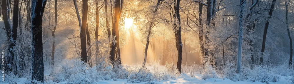 Poster A serene winter landscape featuring snow-covered trees and soft sunlight filtering through the fog, creating a tranquil atmosphere.
