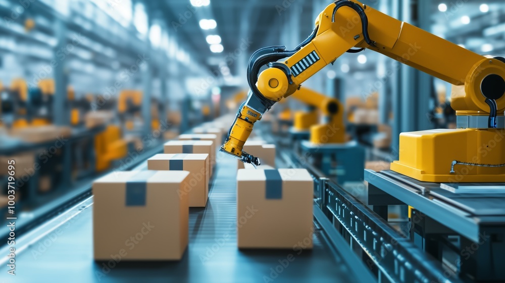 Poster robotic arm sorting packages in a modern warehouse during busy working hours