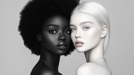 A powerful and artistic portrait of two women standing in stark contrast to each other, embodying diversity, beauty, and harmonious coexistence.