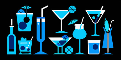 A collection of blue cocktails and bottles displayed on a dark background