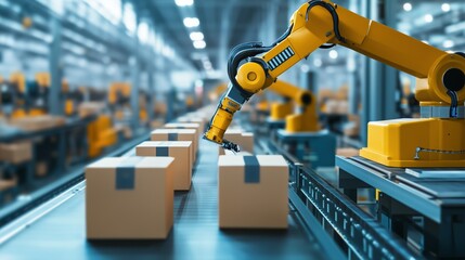 Robotic arm sorting packages in a modern warehouse during busy working hours